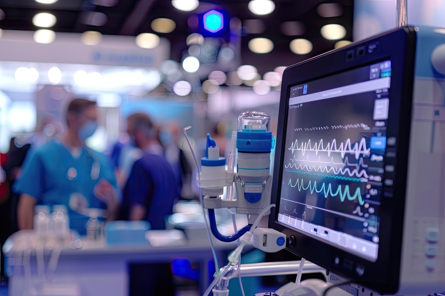 Medical equipment close-up in a healthcare facility, displaying vital signs on a monitor, with healthcare professionals in scrubs and masks in the background