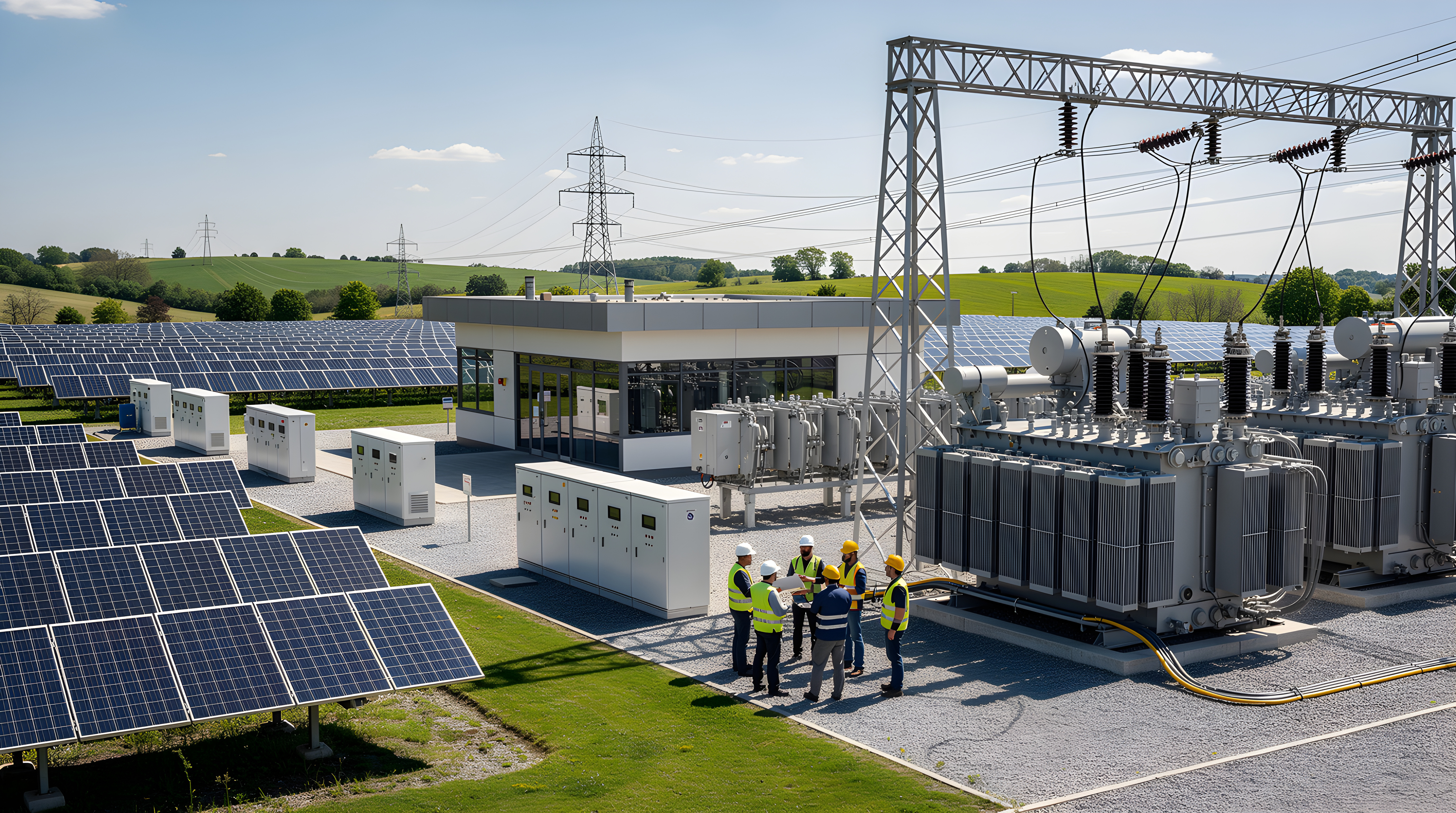 Technicians working in a pv plant field to grid connection