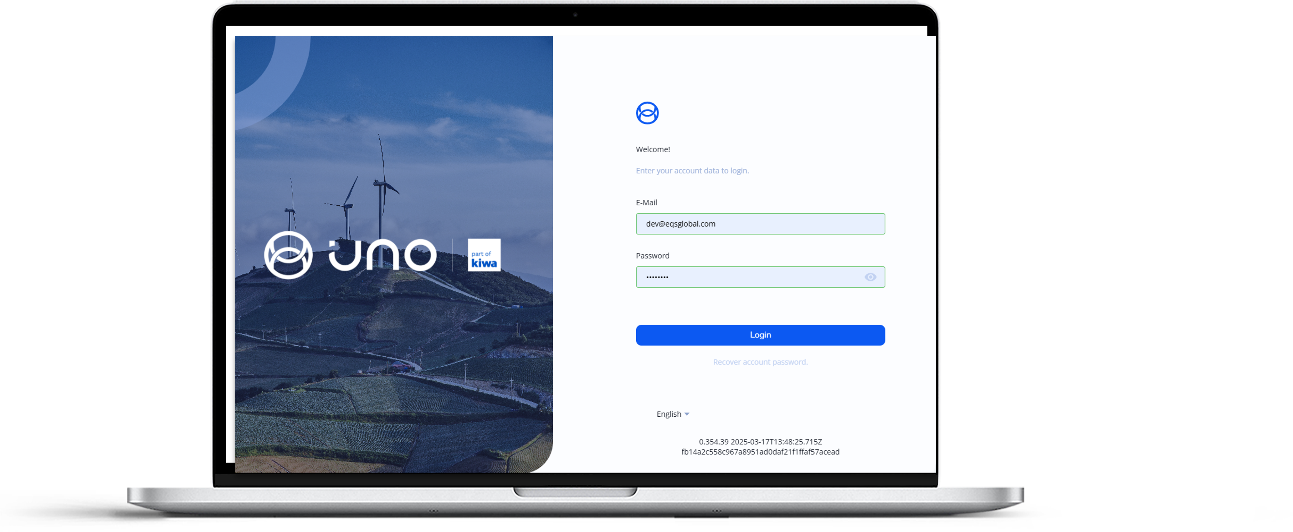 Laptop screen showing a Uno login page with wind turbines and a white sign-in form.